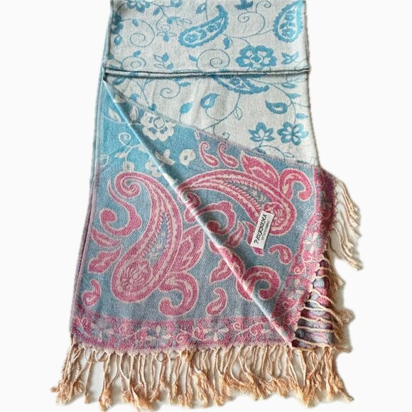 Pashmina Scarf Wrap Blue Pink Fringe 72"x 27" EC - Picture 3 of 8